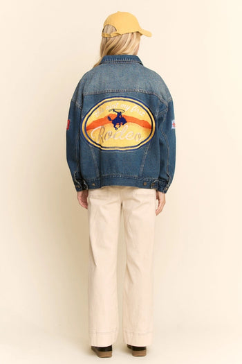 Davi & Dani Western Embroidered Trucker Jacket in Denim Blue