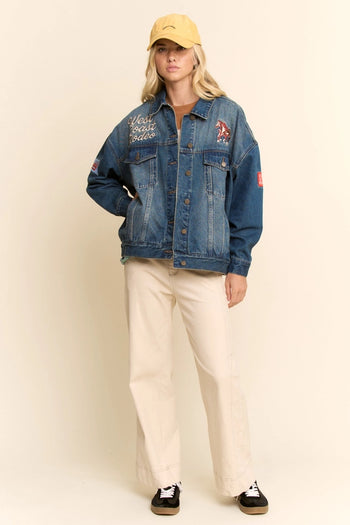 Davi & Dani Western Embroidered Trucker Jacket in Denim Blue