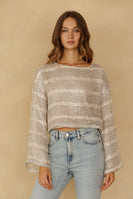 Storia Sequin Stripe Open Knit Top in Silver