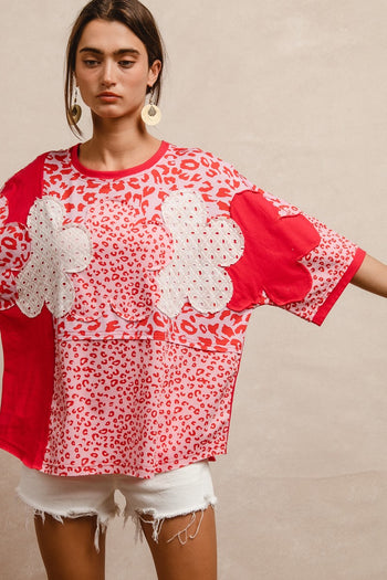 BiBi Mix N Match Top with Floral Patches in Pink Leopard