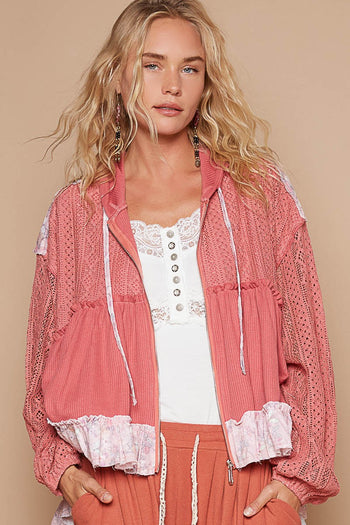 POL Contrasting Fabric Hooded Jacket in Raspberry Rose