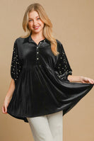 Umgee Velvet Tunic Top with Pearls in Black
