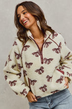 Load image into Gallery viewer, So Me Bow Pattern Sherpa Jacket in Cream/Brown
