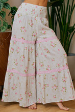 Load image into Gallery viewer, BiBi Smocked Waistband Rose Printed Gauze Lace Trim Detailed Pants in Taupe/Blush
