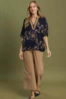 Umgee Floral Embroidered Split Neck Blouse in Navy