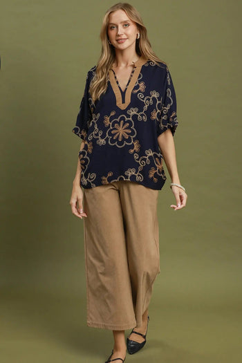 Umgee Floral Embroidered Split Neck Blouse in Navy