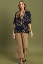 Load image into Gallery viewer, Umgee Floral Embroidered Split Neck Blouse in Navy
