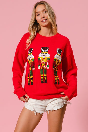 BiBi Solid Color Knit Sweater with Christmas Theme Patches in Red
