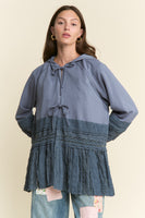 J.nna Mixed Fabric Lace Trim Hooded Jacket in Dust Blue