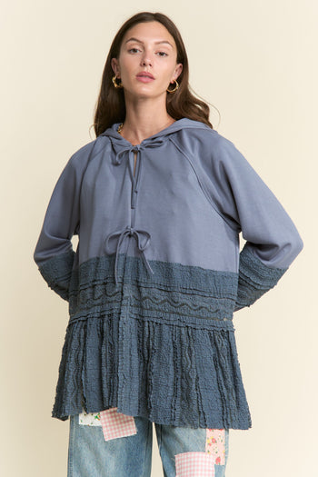 J.nna Mixed Fabric Lace Trim Hooded Jacket in Dust Blue