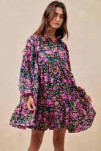 Load image into Gallery viewer, BiBi Floral Print Half Button Front Mini Dress in Navy/Fuchsia

