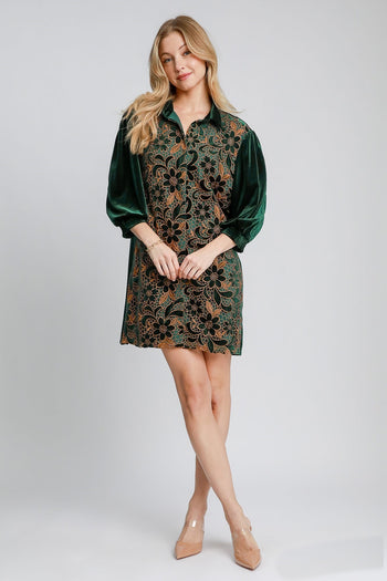 Umgee Velvet Lace Mini Dress in Hunter Green S Umgee Velvet Lace Mini Dress in Hunter Green S