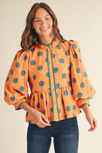 Jodifl Button Down Polka Dot Peplum Top in Orange