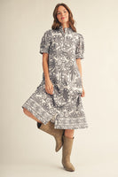 Jodifl Button Down Boho Floral Eyelet Midi Dress in Charcoal