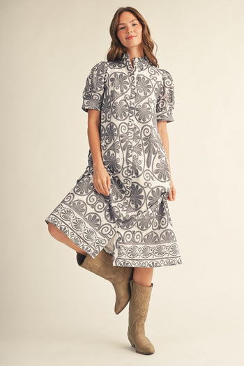 Jodifl Button Down Boho Floral Eyelet Midi Dress in Charcoal