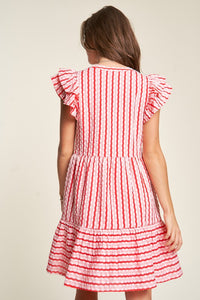 Davi & Dani Solid Geo Striped Button Front Dress in Pink Red Dresses Davi & Dani   