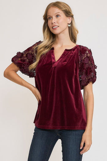 Umgee Velvet Split Neck Top with Lace Sleeves in Plum