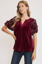 Load image into Gallery viewer, Umgee Velvet Split Neck Top with Lace Sleeves in Plum
