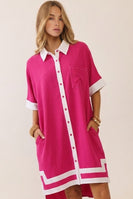 Oddi Oversized Contrast Panel Button Front Mini Dress in Electric Fuchsia
