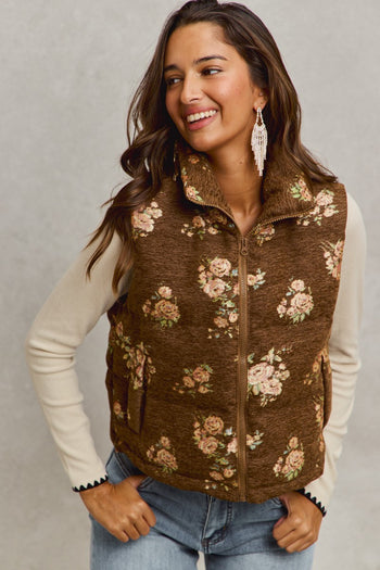So Me Floral Jacquard Quilted Vest in Brown