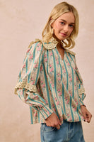 BiBi Stripe and Floral Print Top with Eyelet Lace Trim in Teal