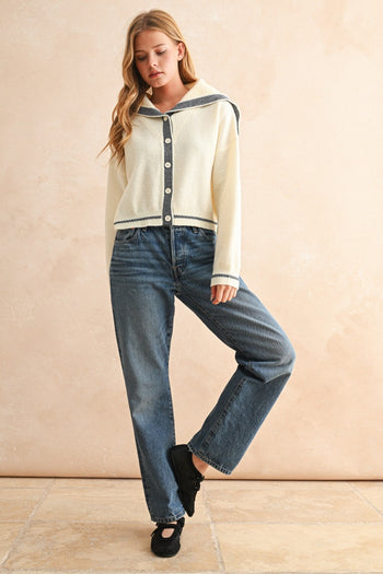 Miou Muse Contrasting Color Button Front Cardigan in Off White/Navy ON ORDER