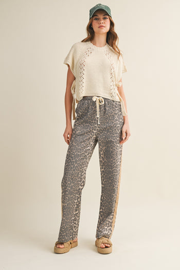 LovLov Luxe Leopard Relaxed Pants With Side Trim in Leopard/Taupe