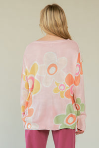 Davi & Dani Multi Color Flower Print Knit Top in Pink Multi