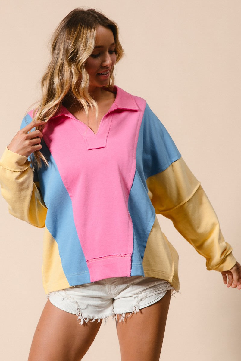 BiBi Oversized French Terry Color Block Top in Pink/Blue/Vanilla – June ...