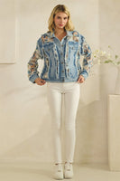Veveret Denim Jacket With Floral Organza Inset in Medium Wash