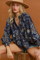 Umgee Floral Print Long Sleeve Blouse in Navy
