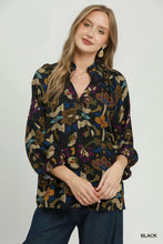Load image into Gallery viewer, Umgee Floral Print Split Neck Blouse in Black
