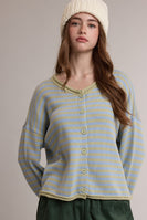 Wishlist Striped Rolled Edge Button Front Cardigan in Sage/Blue