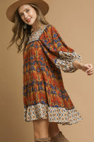 Umgee Contrasting Boho Print Mini Dress in Terracotta Mix