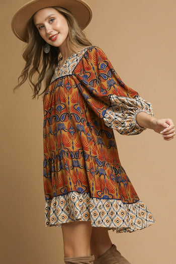 Umgee Contrasting Boho Print Mini Dress in Terracotta Mix