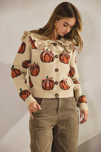 LovLov Sailor Collar Pumpkin with Ribbon Cardigan in Oatmeal