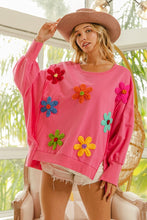 Load image into Gallery viewer, BiBi OVERSIZED Solid Color Top with Multi Color Flower Patches in Pink
