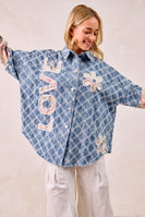 BiBi Distressed Diamon Pattern Shacket with Twill Floral Patches in Denim/Cream Multi