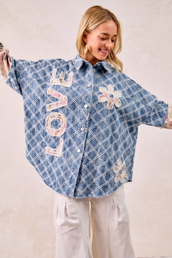 BiBi Distressed Diamon Pattern Shacket with Twill Floral Patches in Denim/Cream Multi