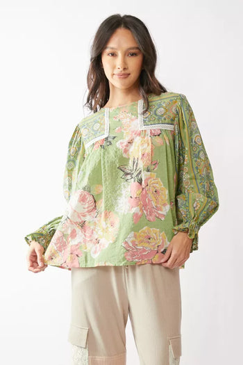 Davi & Dani Mixed Print Peasant Babydoll Top in Sage