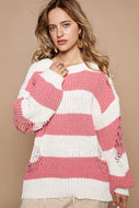 POL Chenille Striped Distressed Sweater in Cream/Pink FINAL SALE