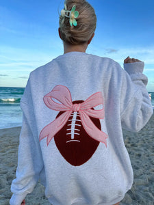 Embroidery Football Pink Bow Sweatshirt in Pearl Gray