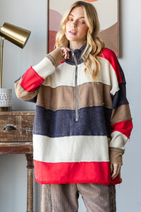 Oli & Hali Color Block Mixed Fabric Pullover Top in Navy Combo