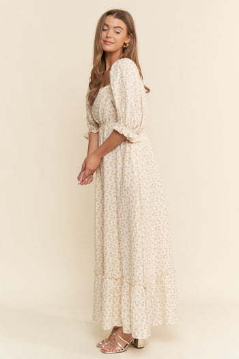 neutral flowy dress with sleeves Neutral V-Neck Ruffled Sleeve Lace Hem Midi Dress