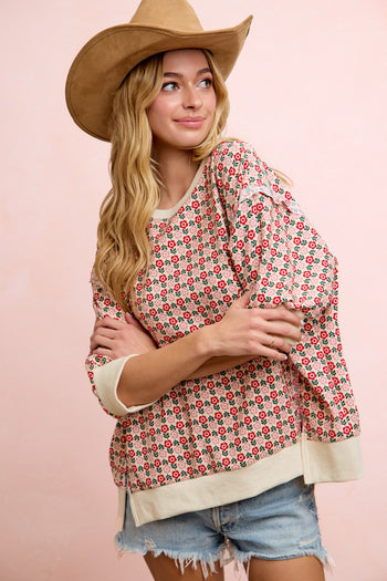 BiBi OVERSIZED Lightweight Knit Retro Floral Print Top in Cream/Red Flower
