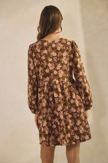 LovLov Corduroy Floral Print Mini Dress in Brown