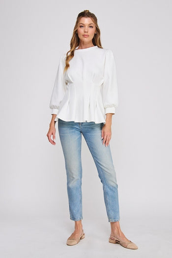 Allie Rose Double Knit Pleated Flare Top in Off White
