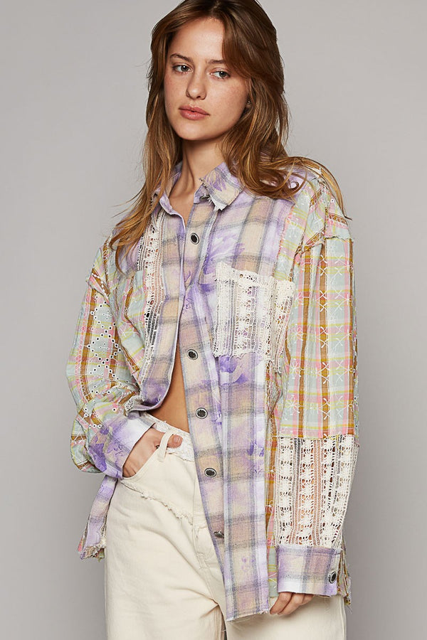 POL Plaid and Crochet Button Down Top in Lilac/Pink Multi Shirts & Tops POL Clothing   