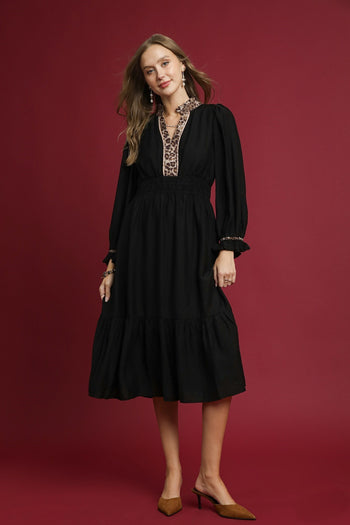 Umgee Leopard Trimmed Midi Dress in Black ON ORDER