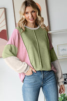 7th Ray Color Block Honeycomb Knit Top in Avocado
